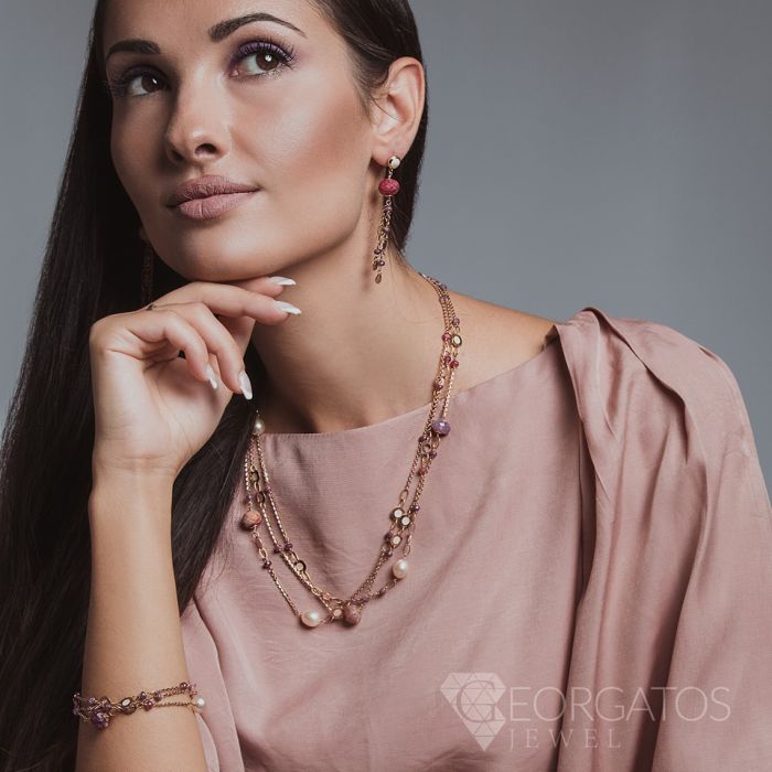 Set Pink gold of women's jewelry with semi-precious stones 14CT SETJRL0139